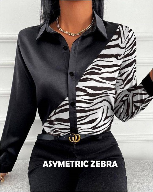 YUKA FASHION, Black Designer Button Up Shirt Color Block Blouse, 4463FG43874