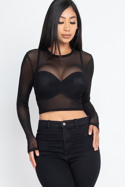 CAPELLA APPAREL, Solid Mesh Sheer Crop Top