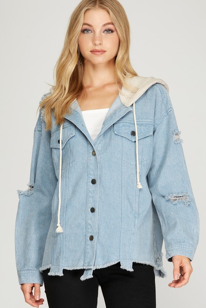 VERY BERRY, WASHED DISTRESSED DENIM JACKET WITH HOOD, VT813606