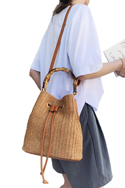 CAP ZONE, Bamboo Handle Drawstring Woven Rattan Bucket Bag, Bag-1431-87