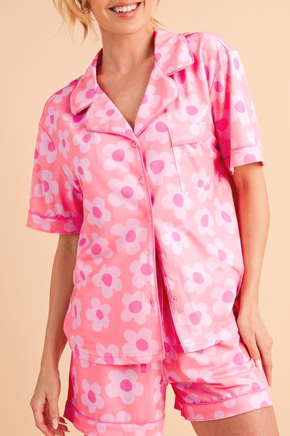 SHEWIN, Flower Print Short Sleeve Shirt Pajamas Set, sw15860-P1020