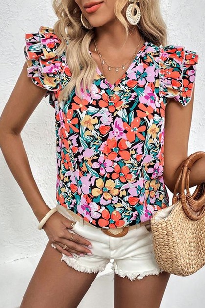 SHIYING FASHION, Multicolour Tiered Ruffled Sleeve Floral Blouse