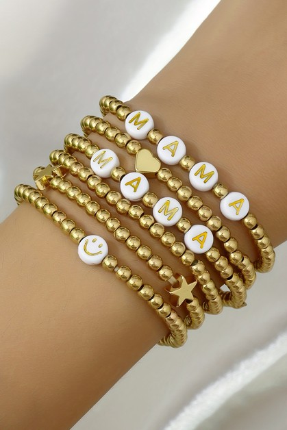SHEWIN, Gold 6Pcs MAMA Heart Star Shape Beaded Bracelet Set, BH013330-P12