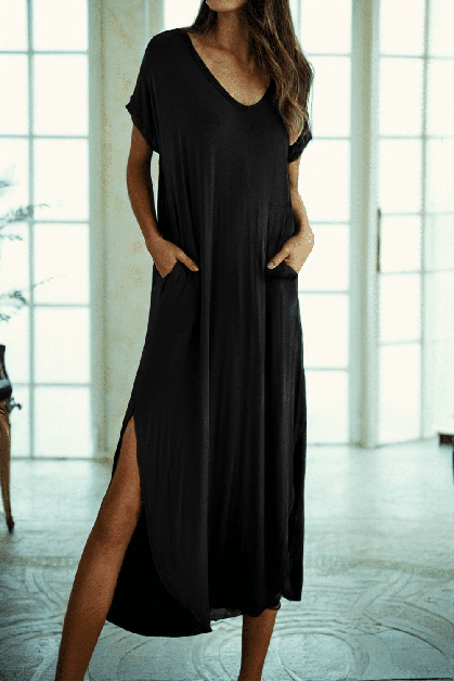 SHIYING FASHION, V Neck Hidden Pocket Splits Maxi T-shirt Dress, LC6118514-P2