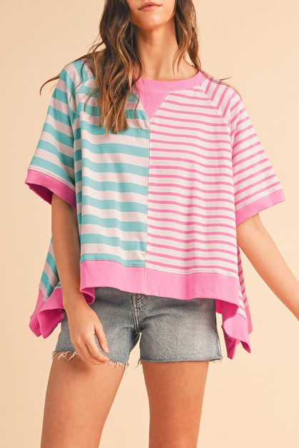 SHEWIN, Stripe Contrast Patchwork Oversized T Shirt
