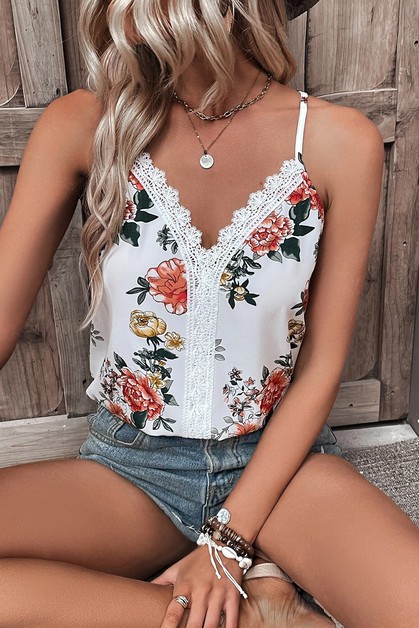 SHEWIN, Floral Print Lace V Neck Tank Top