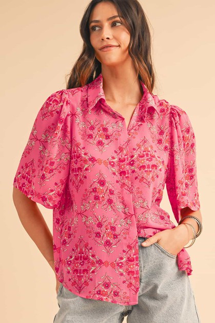 SHEWIN, Floral Print Wide Short Sleeve Loose Shirt