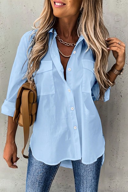 MOUNTAIN VALLEY TRADING, Solid Button Up Pockets Long Sleeves Blouse, undefined