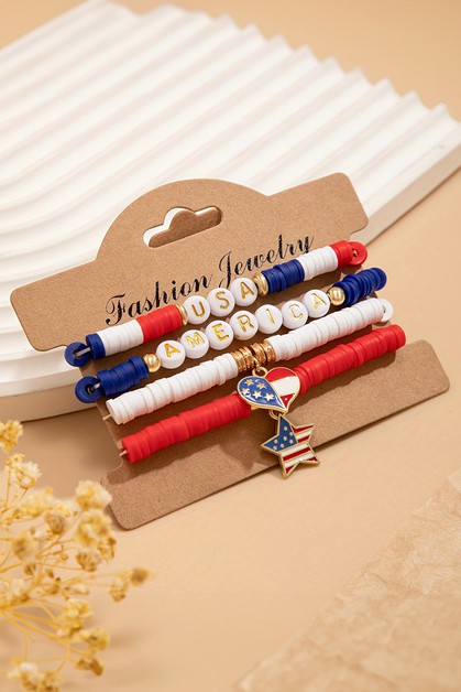 SHEWIN, American Flag Pendant Letter Beaded Bracelet Set, BH013421-P522