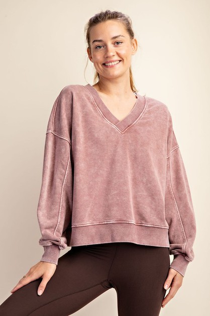 Sunday Morning, FRENCH TERRY MINERAL WASHED V-NECK PULLOVER, T389937