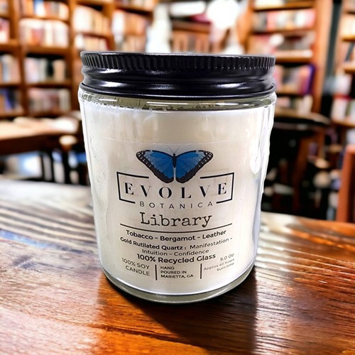 Evolve Botanica, Wood Wick Crystal Soy Candle - Library (Rutilated Quartz), EV-SCW-Library