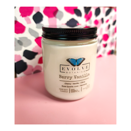 Evolve Botanica, Wood Wick Crystal Soy Candle - Berry Vanilla (Rose Quartz), EV-SCW-Berry9