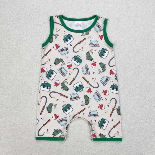 Yawoo Garments, Sleeveless green fishing baby boy romper, SR0914