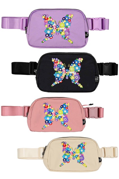 Fashion City, Butterfly Shaped Flowers Embroidery Fanny Pack, 28-BGS4339