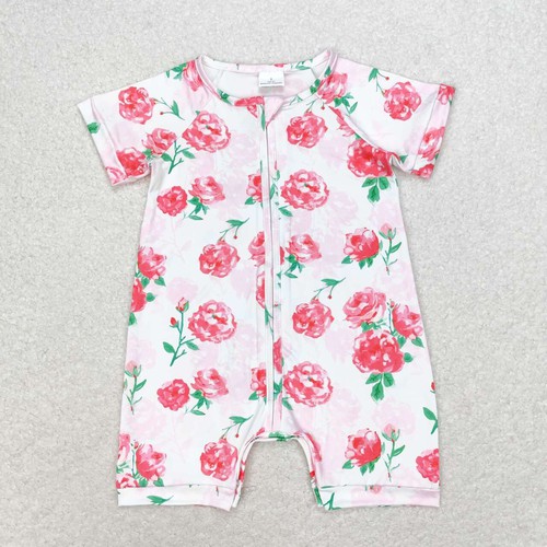 Yawoo Garments, Short sleeves pink floral baby girls zipper romper, SR1768