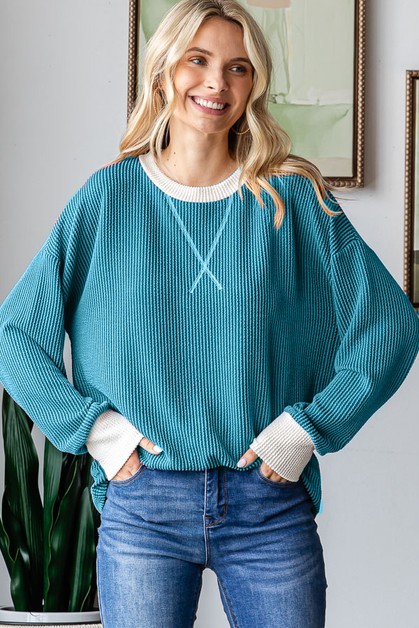 7TH RAY, RIB TEXTURED DROP SHOULDER PULLOVER TOP, T5643