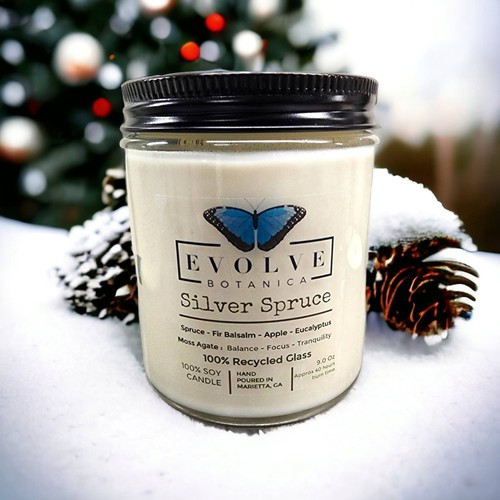 Evolve Botanica, Wood Wick Crystal Soy Candle - Silver Spruce (Moss Agate), EV-SCW-Silver9