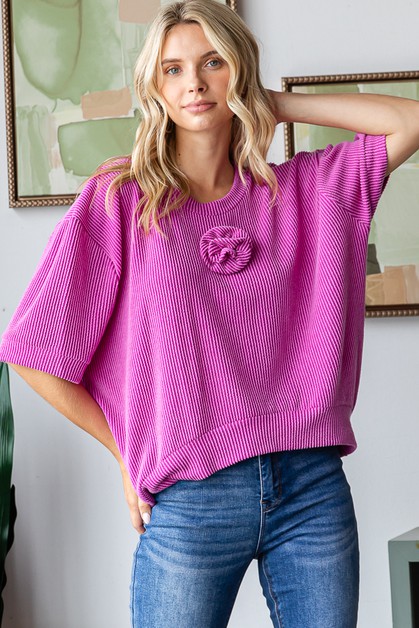 7TH RAY, RIBBED ROSE DETAIL HALF SLEEVE TOP, T5652