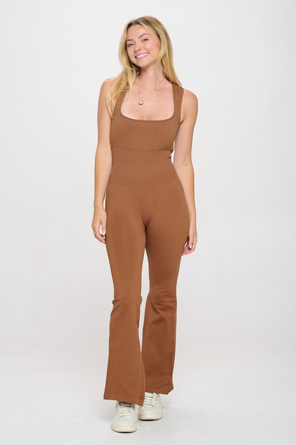 Bodyline US, Ribbed Flare Jumpsuit Sleeveless Square Neck, R932