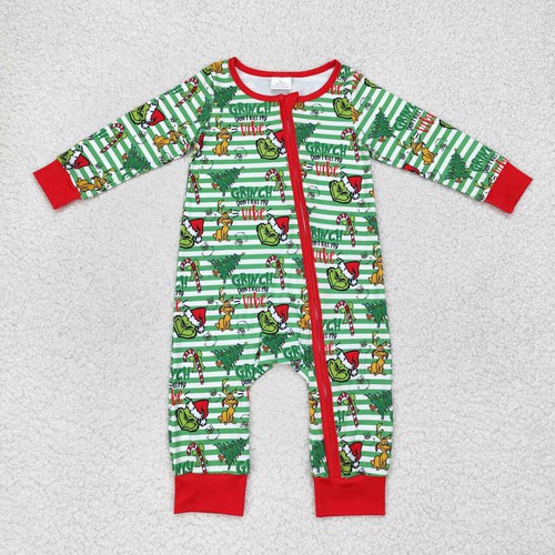 Yawoo Garments, Stripe green face baby boys Christmas zipper romper, LR1055