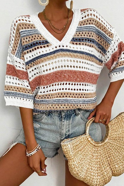 Striped V Neck Hollow Knitted Half Sleeve Sweater