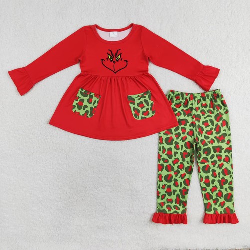 Yawoo Garments, Red green face tunic leopard pants Christmas outfits, GLP1322