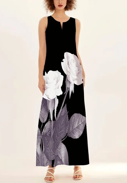 YUKA FASHION, Floral Print Notched Casual Sleeveless Maxi Dress, 6259fg55