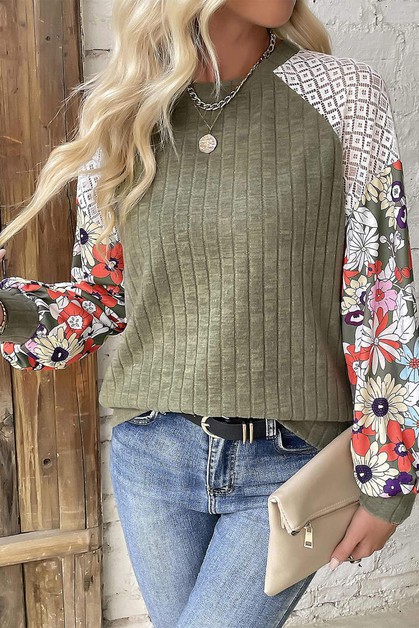 Floral Patchwork Long Sleeve Ribbed Blouse