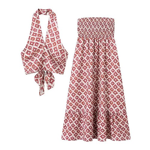 Pink Ripple, halter neck printed skirt suit, SSE6926