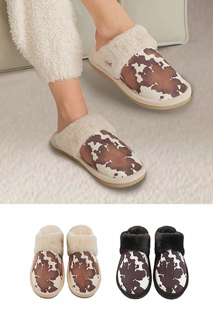 Fashion City, Cow Print Faux Fur Home Slippers, 28-SPE0001