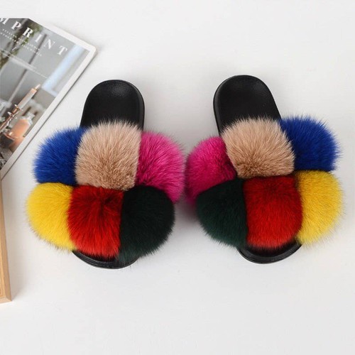 Fanskoo, Large Fur Real Natural Fox Fur Slides Fluffy Fur Slides, SH23041301