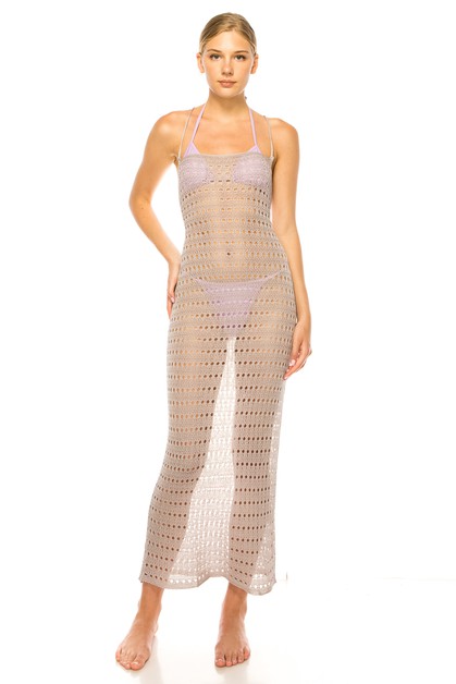 Mermaid Swimwear, CROCHET FULL BODY DRESS HATLER NECKLINE COVER UP, CY5205