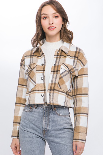 I LOVE S&S, Plaid Cropped Button Down Jacket, 80114JH-2