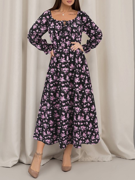 ENXIN INTERNATIONAL TRADING CO, Square Neck Tie-up Long Sleeve Floral Midi Dress, HYG-LQ960-1