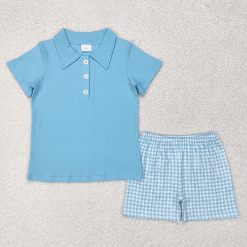 Yawoo Garments, Light blue polo shirt plaid shorts kids boys clothes, BSSO0954