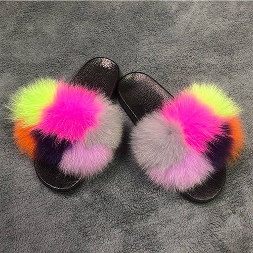 Fanskoo, Women’s Real Fox Fur Slides Fuzzy Fluffy Rainbow Multicolor, FSL22031902