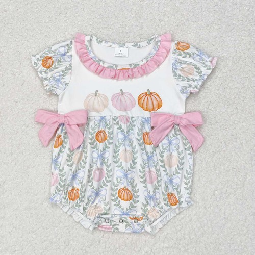 Yawoo Garments, Short sleeves pumpkin bow baby girls fall romper, SR1865