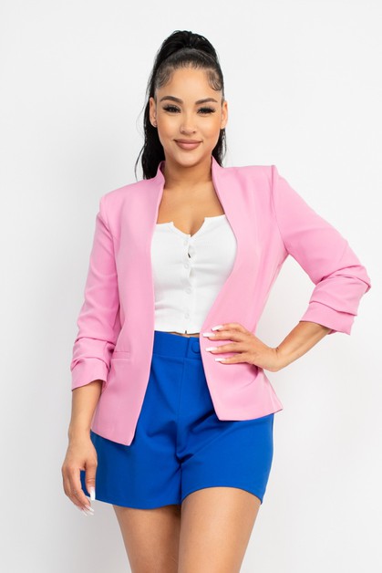 I LOVE S&S, Ruched Sleeve Open Front Blazer, IJ99242