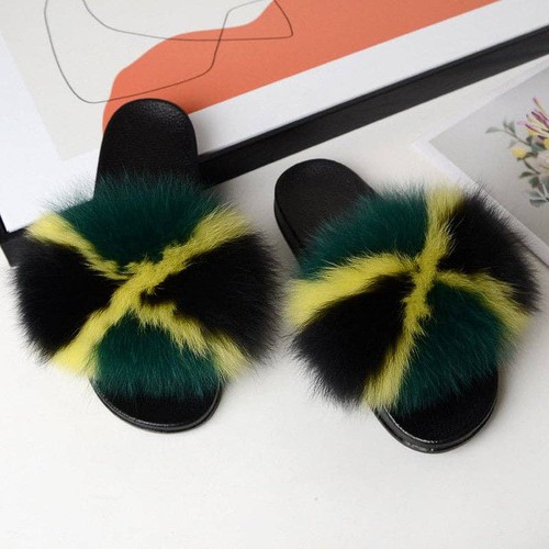 Fanskoo, Colorblock Real Fox Fur Slides Women’s Indoor Outdoor Furry, FSL22031903