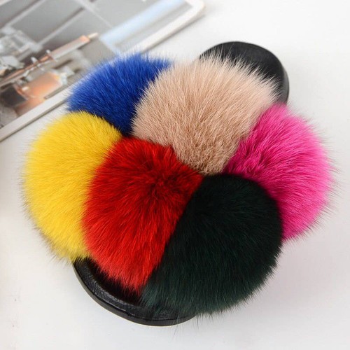 Fanskoo, Large Fur Real Natural Fox Fur Slides Fluffy Fur Slides, SH23041301