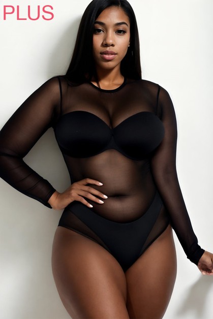 Up Clothing, Plus Size Sexy Sheer Mesh Long Sleeve Bodysuit, TP986X----