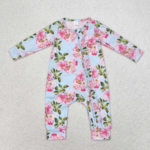 Yawoo Garments, Long sleeves blue floral baby girls zipper romper, LR0880