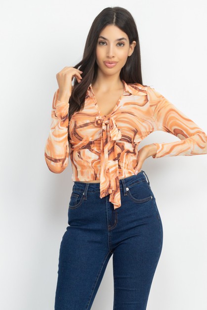 I LOVE S&S, Long Sleeve Abstract Collared Crop Top, ST2506-SR834-2