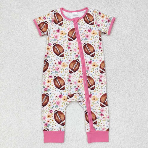 Yawoo Garments, Short sleeves floral football baby girls zipper romper, SR1872