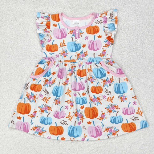 Yawoo Garments, Flutter sleeves pumpkin floral pocket kids fall dress, GSD1332
