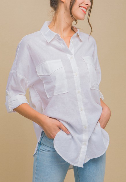 Light So Shine, Linen Oversized Double Pocket Button Down Shirt, NLT10202TM-A