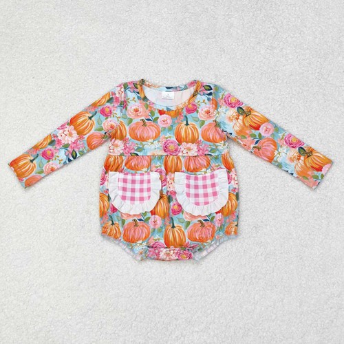 Yawoo Garments, pumpkin floral plaid pockets baby fall romper, LR1059