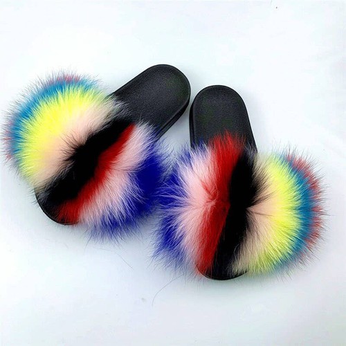 Fanskoo, New Fashion Large Fur Real Natural Fox Fur Slides, SH23041303