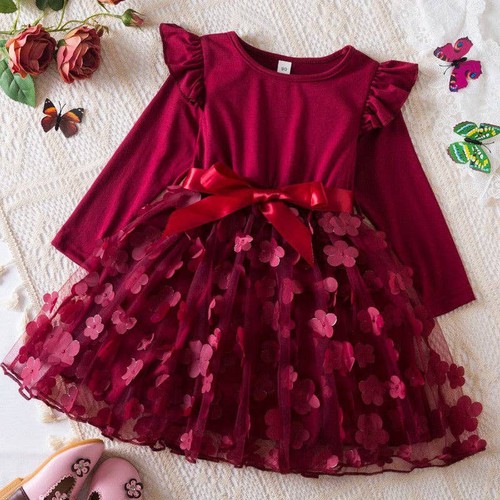Loprit, Girls` Long Sleeve Solid Color Flower Princess Dress, ZT-6124960