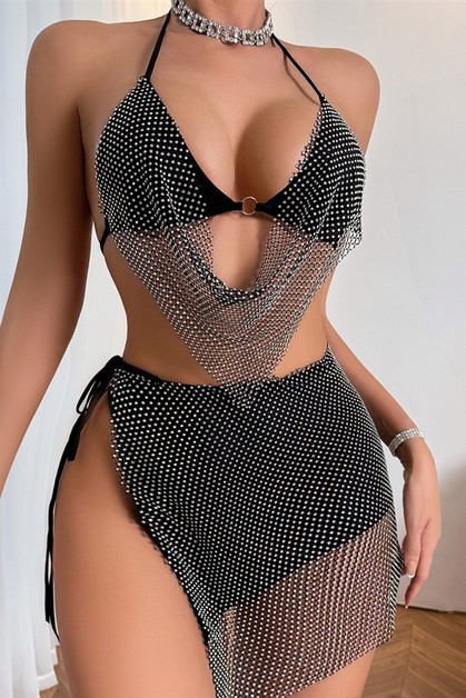 MAEJOY FASHION, mesh sequined halter top 3pcs lingerie set, LG389
